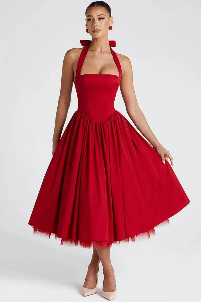 Glorol - Backless Square Collar Sleeveless High Waist A-Line Midi Dress