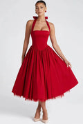 Glorol - Backless Square Collar Sleeveless High Waist A-Line Midi Dress