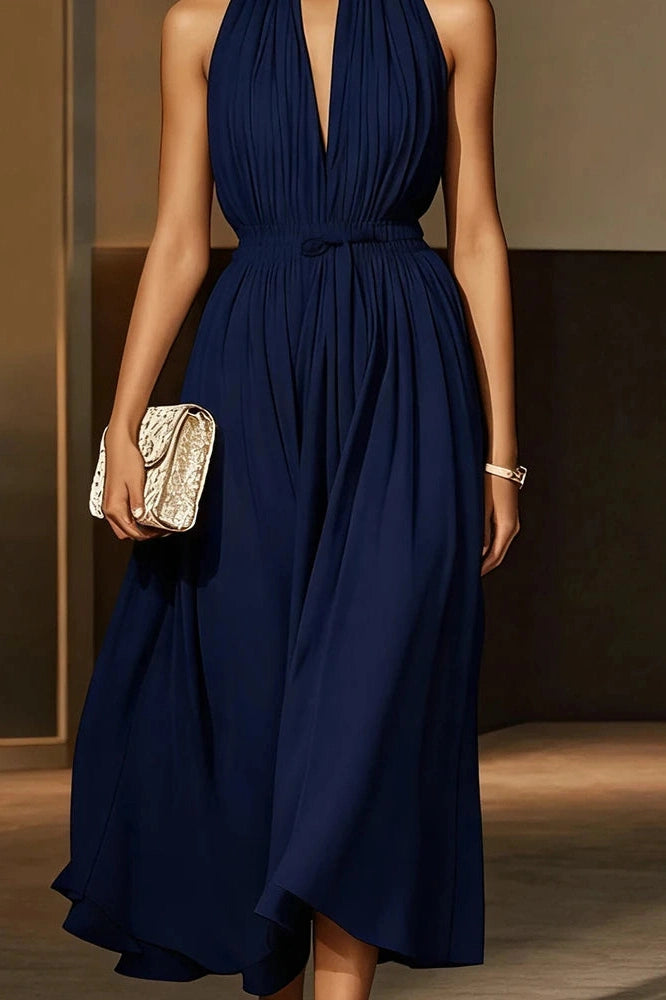Glorol - Elegant Off-Shoulder Sleeveless High Waist Backless Pleated Midi Dress
