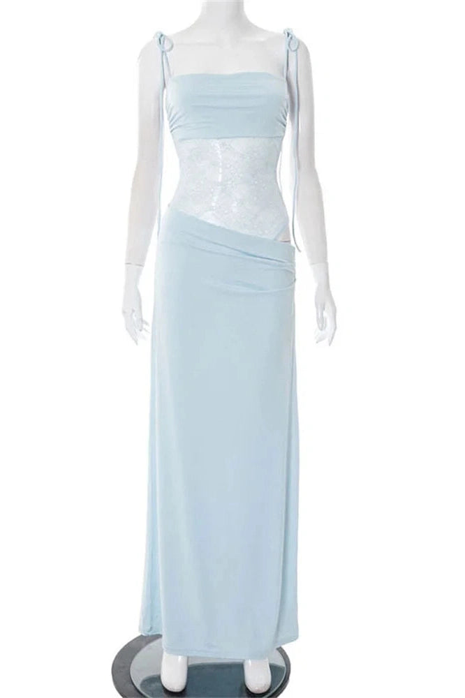 Glorol - Lace Printed Backless Slim High Waist Patchwork Maxi Dress