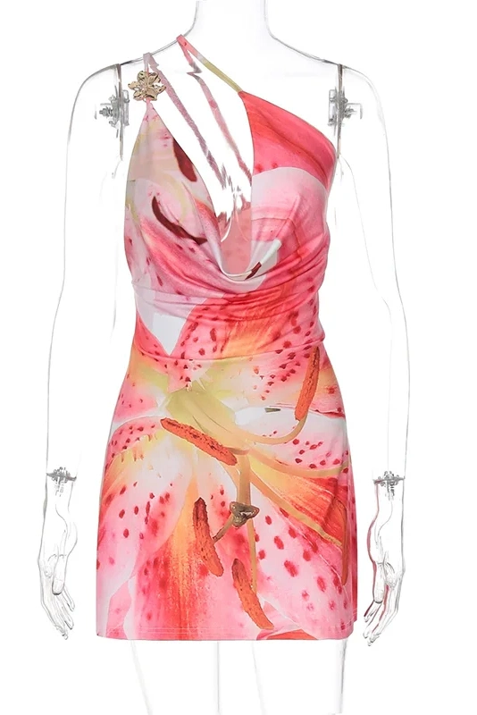 Glorol - Elegant One-Shoulder Printed Sleeveless High Waist Mini Dress