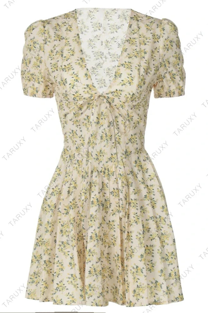 Glorol - Deep V Neck A-Line High Waist Pleated Printed Mini Dress