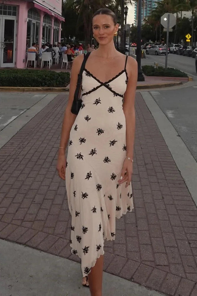 Glorol - Printed Lace Patchwork High Waist Slim V-Neck Midi Dress