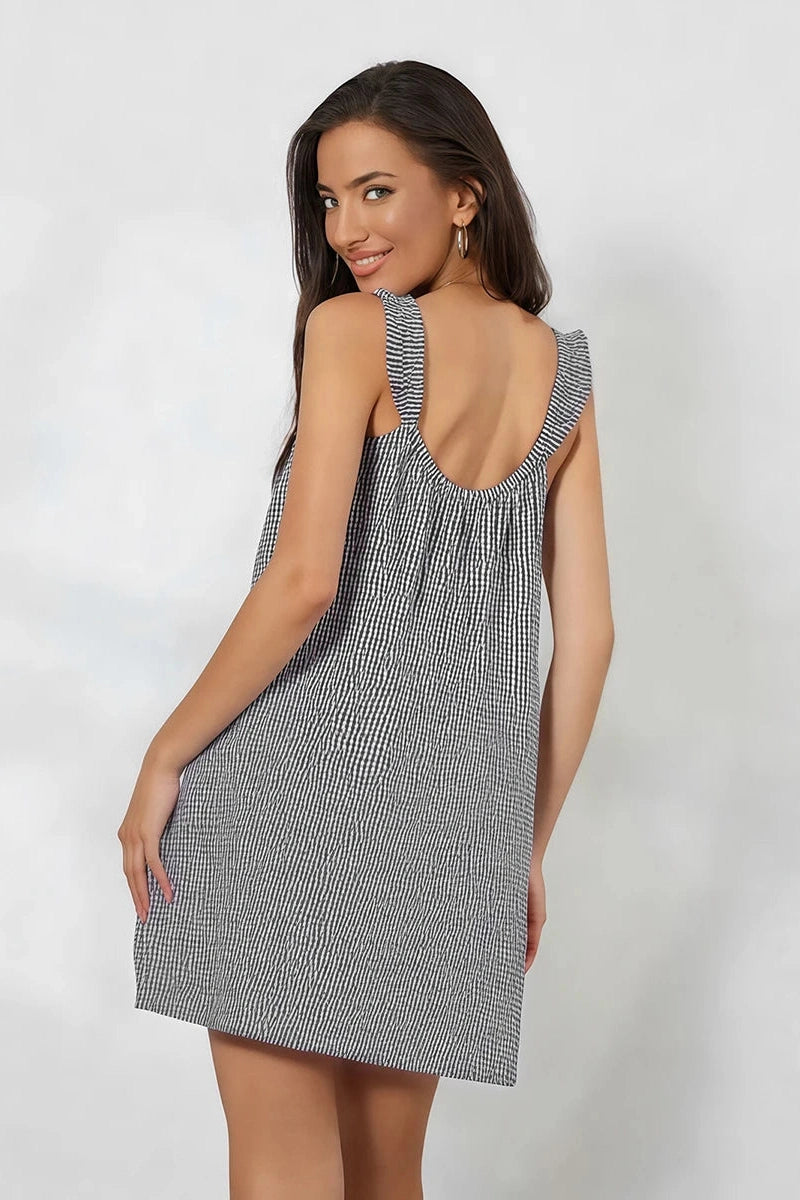 Glorol - Sleeveless Tie-Up Plaid Loose Mini Dress