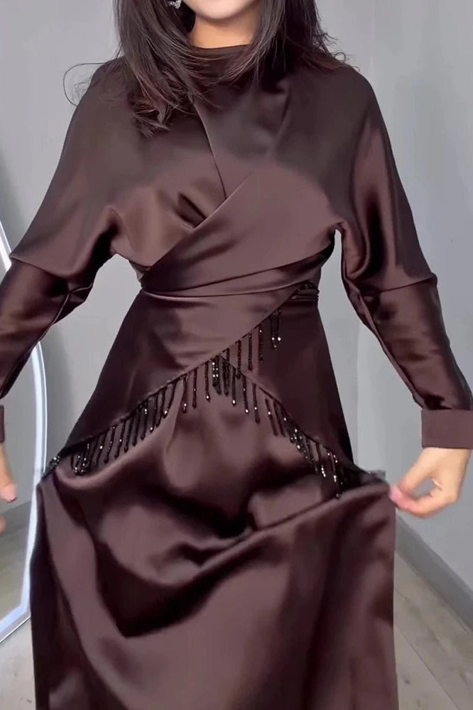 Glorol - Long Sleeve Pleat Lace-Up Loose 2-Piece Irregular Maxi Dress