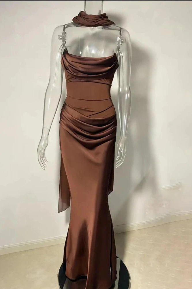 Glorol - Off-Shoulder Scarf Collar Strapless Sleeveless Bodycon Maxi Dress