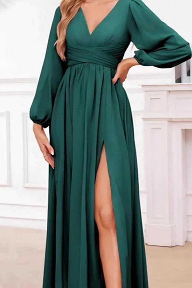 Glorol - Elegant Long Sleeve Loose V-Neck Split Maxi Dress