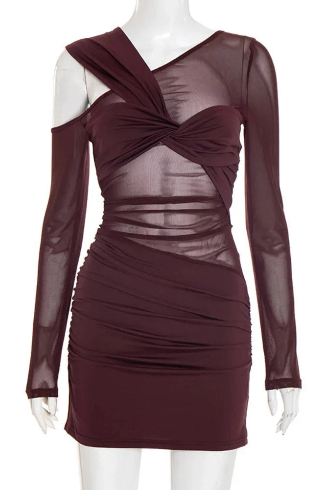 Glorol - Inclined Shoulder Long Sleeve See Through Backless Mini Dress