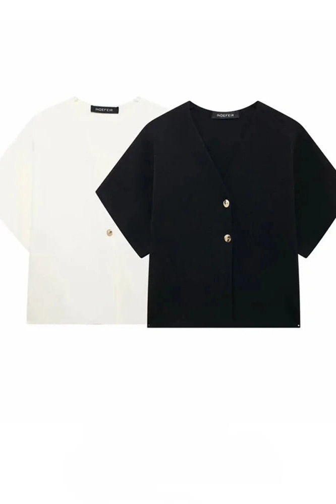 Glorol - Slim V-Neck Short Sleeve Patchwork Top