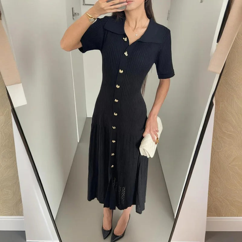 Glorol - Knitted Short Sleeve Slim High Waist Midi Dress