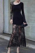 Glorol - Lace Printed See-Through Long Sleeve Maxi Dress