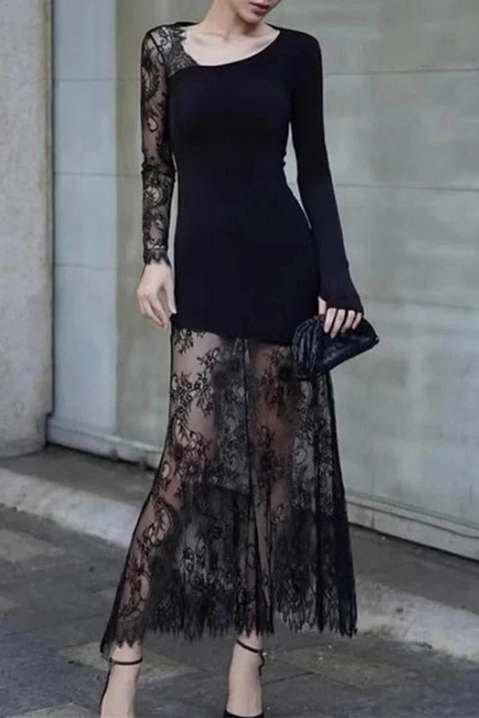 Glorol - Lace Printed See-Through Long Sleeve Maxi Dress