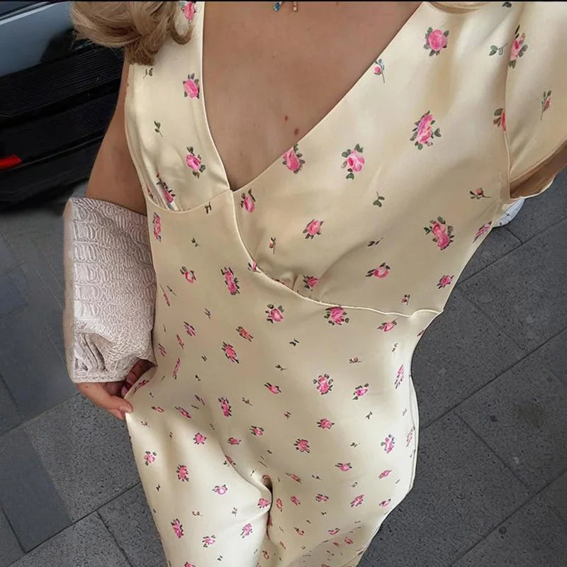 Glorol - Printed Short Sleeve V Neck High Waist Midi Dress