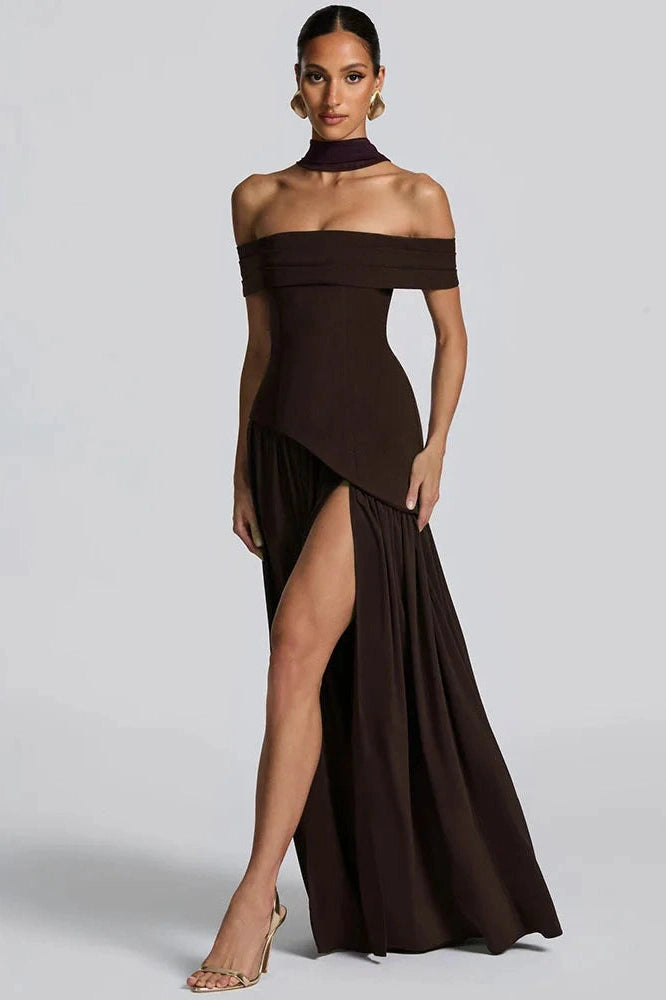 Glorol - Off-Shoulder Backless Strapless Sleeveless Pleated High Split Maxi Dress