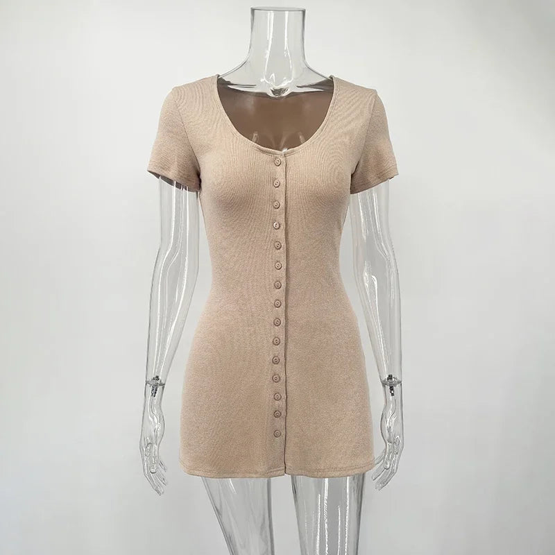 Glorol - Knitted V Neck Short Sleeve Mini Dress
