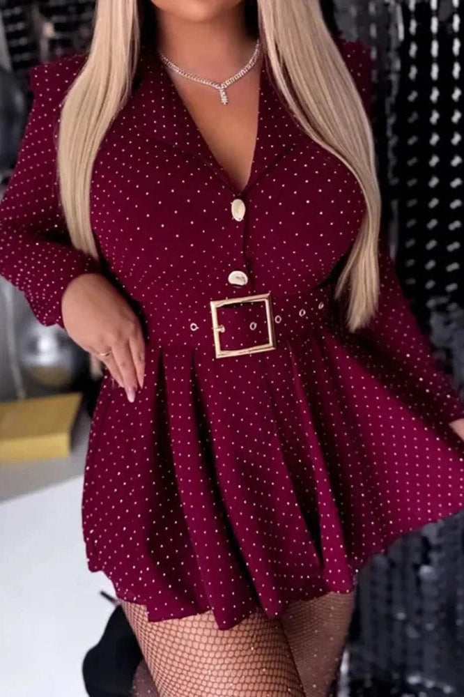 Glorol - Elegant Long Sleeve Pleated High Waist Slim Printed Mini Dress