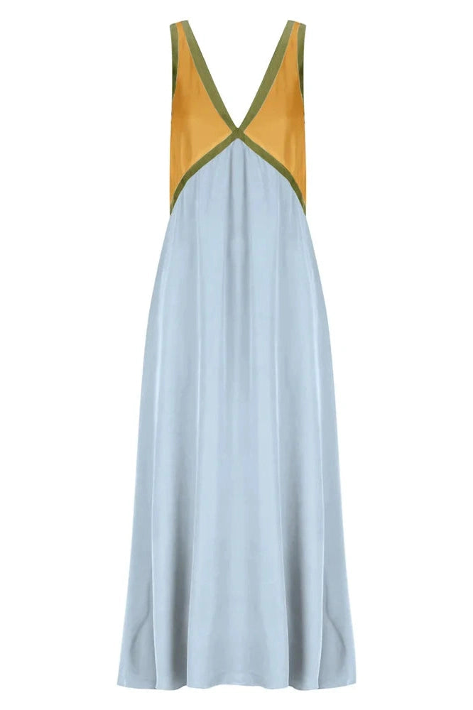 Glorol - Patchwork V-Neck Strapless Sleeveless Slim Maxi Dress
