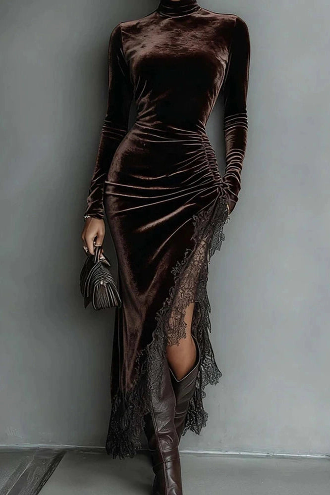 Glorol - Elegant Turtleneck Long Sleeve Velvet Lace Fit Midi Dress