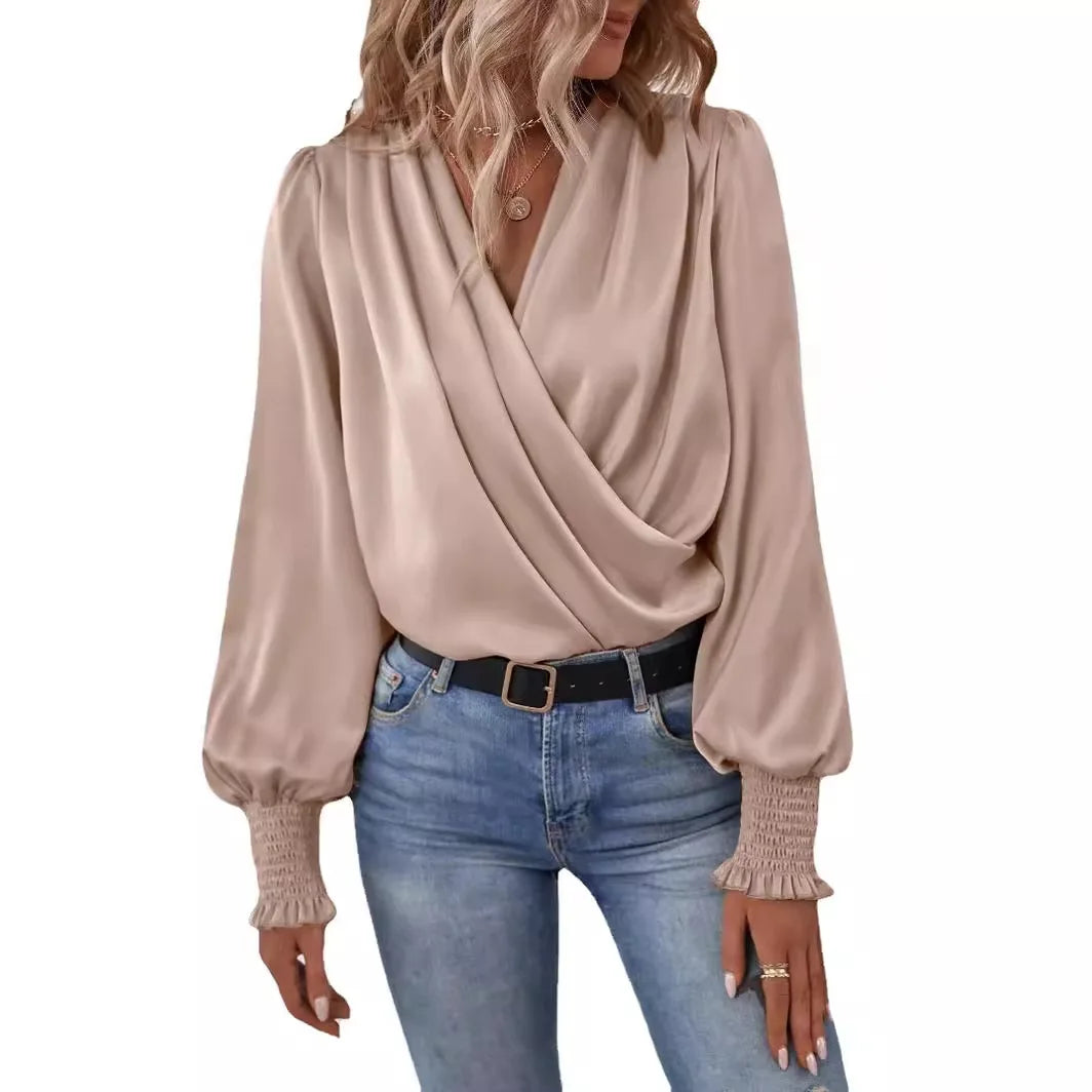 Glorol - Elegant V-Neck Lantern Sleeve Top