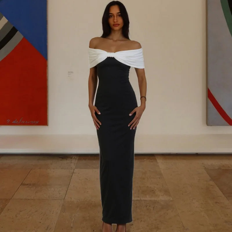 Glorol - Off Shoulder Patchwork Backless Maxi Dress