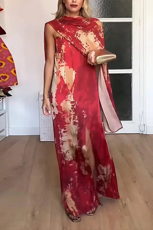 Glorol - Shawl Split Pleated Slim Printed Sleeveless Maxi Dress