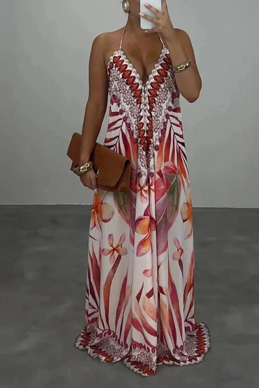 Glorol - Printed High Waist V-Neck Backless Sleeveless Loose Maxi Dress