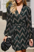 Elegant Long Sleeved Waist Slim V Neck Lace Up Mini Dress