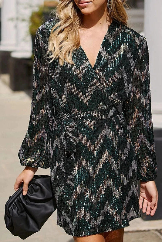 Glorol - Elegant Long Sleeved Waist Slim V Neck Lace Up Mini Dress