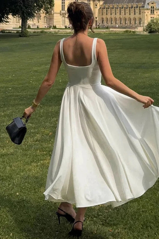 Glorol - Elegant Square Collar Sleeveless High Waist Pleated Maxi Dress