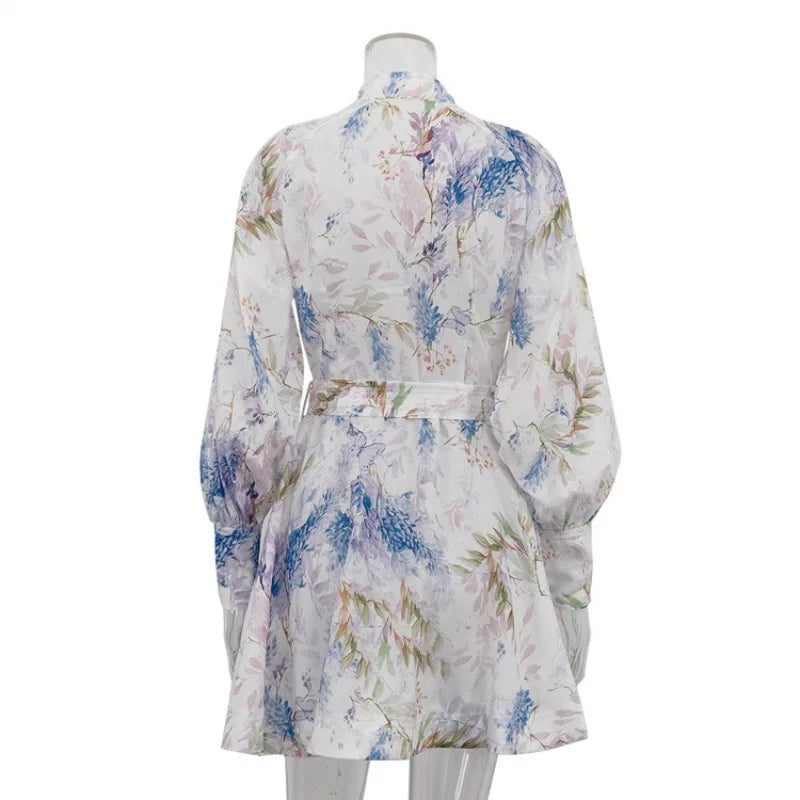 Glorol - Printed Lace Up Single Breasted Mini Dress