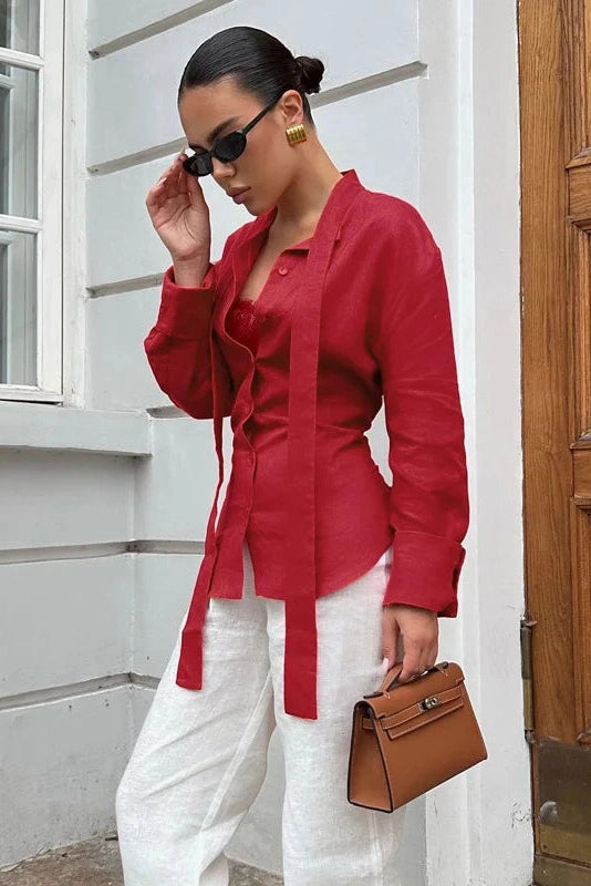 Glorol - Lace-Up Long Sleeve High Waist Top