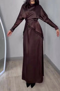 Glorol - Long Sleeve Pleat Lace-Up Loose 2-Piece Irregular Maxi Dress