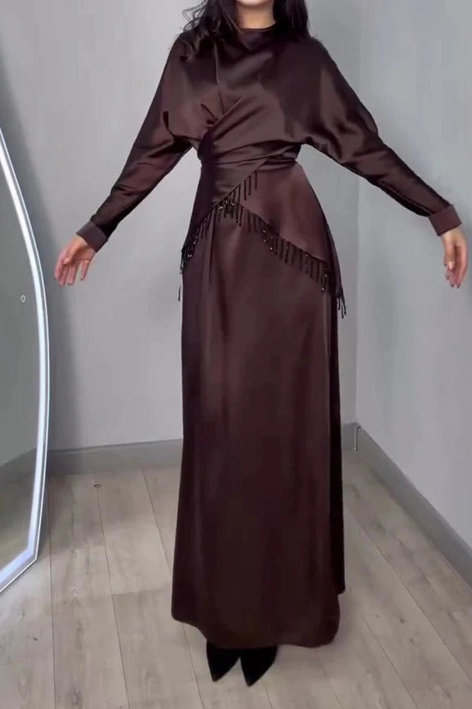 Glorol - Long Sleeve Pleat Lace-Up Loose 2-Piece Irregular Maxi Dress