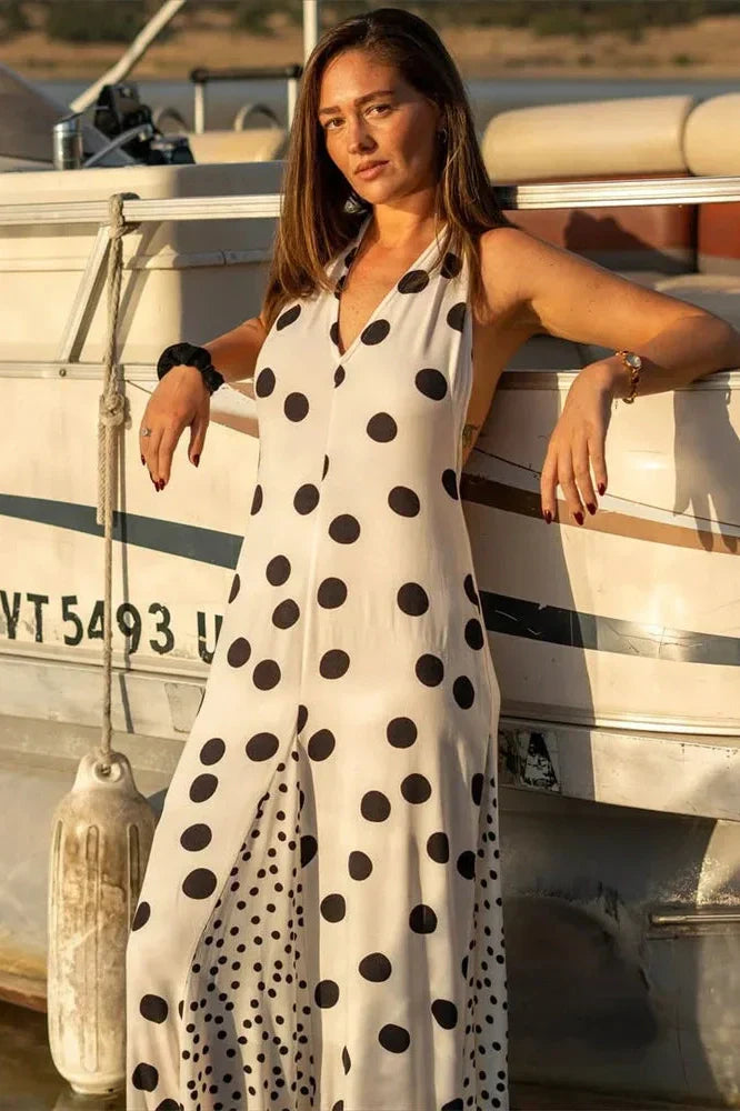 V-Neck Lace-Up Slim Backless Patchwork Maxi Dress