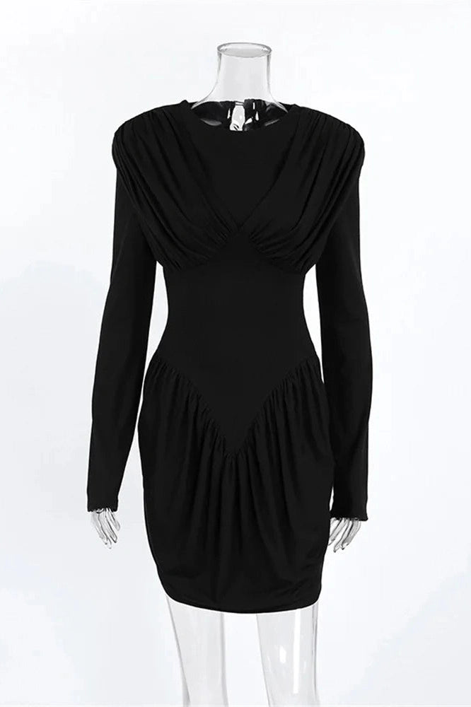 Glorol - Pleated Patchwork Long Sleeve Bodycon Mini Dress
