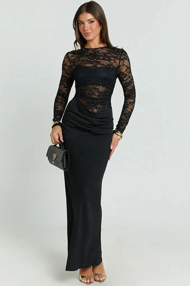Glorol - Lace Patchwork See Through Long Sleeve High Waist Maxi Dress