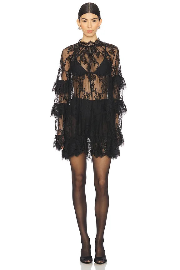 Glorol - Lace See-Through Long Sleeve Loose Mini Dress
