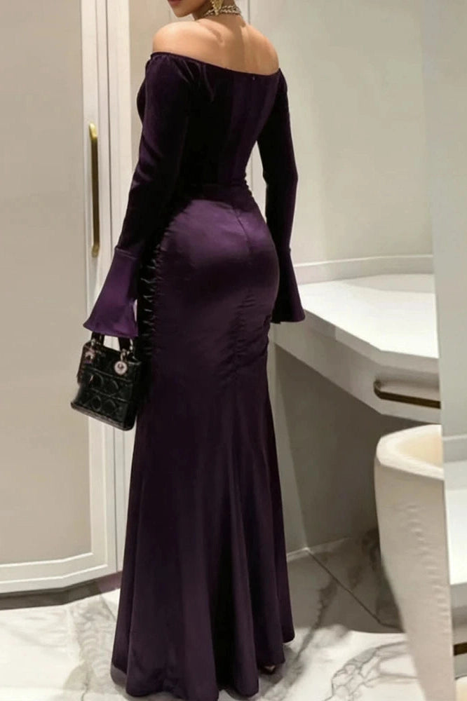 Glorol - Elegant Off-Shoulder High Waist Pleated Maxi Dress