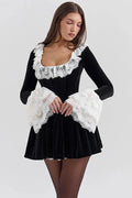 Glorol - Lace Flare Long Sleeve High Waist Pleated Mini Dress