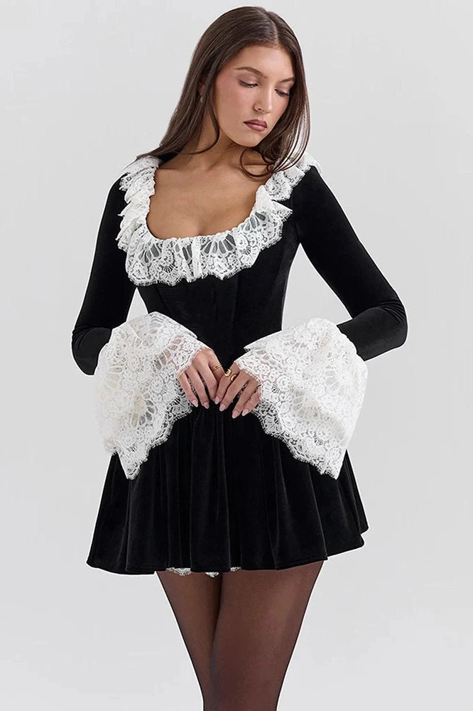 Glorol - Lace Flare Long Sleeve High Waist Pleated Mini Dress