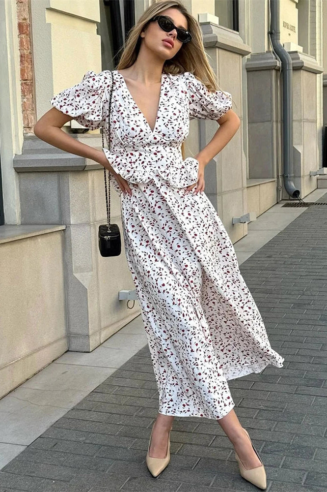 Printed V-Neck Patchwork Slim Maxi Dress