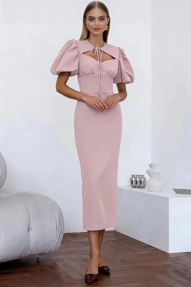 Glorol - Lace-Up Slim Short Sleeve High Waist Patchwork Midi Dress