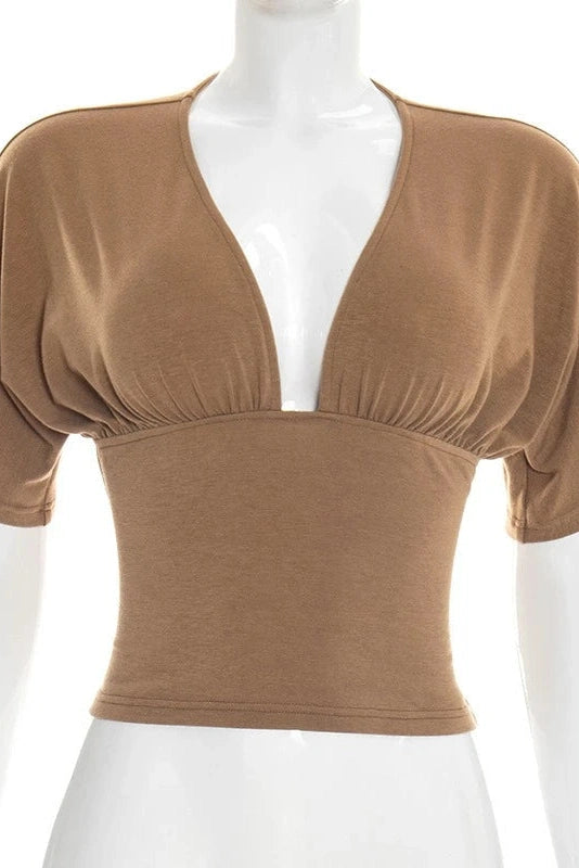 Glorol - Deep V-Neck High-Waisted Short-Sleeve Top