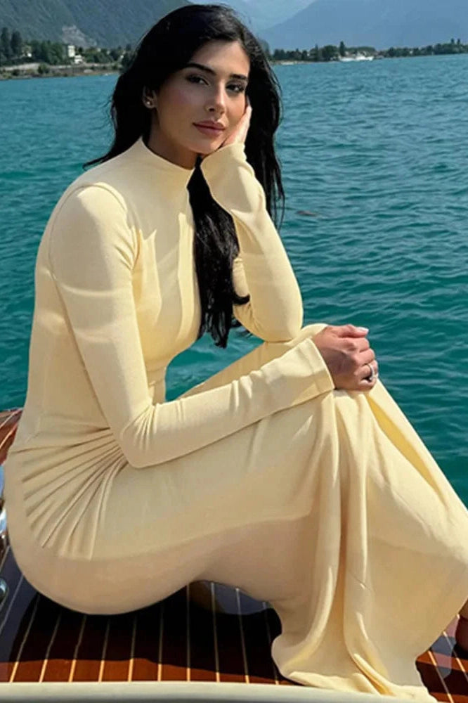 Glorol - High Collar Long Sleeve Bodycon Maxi Dress