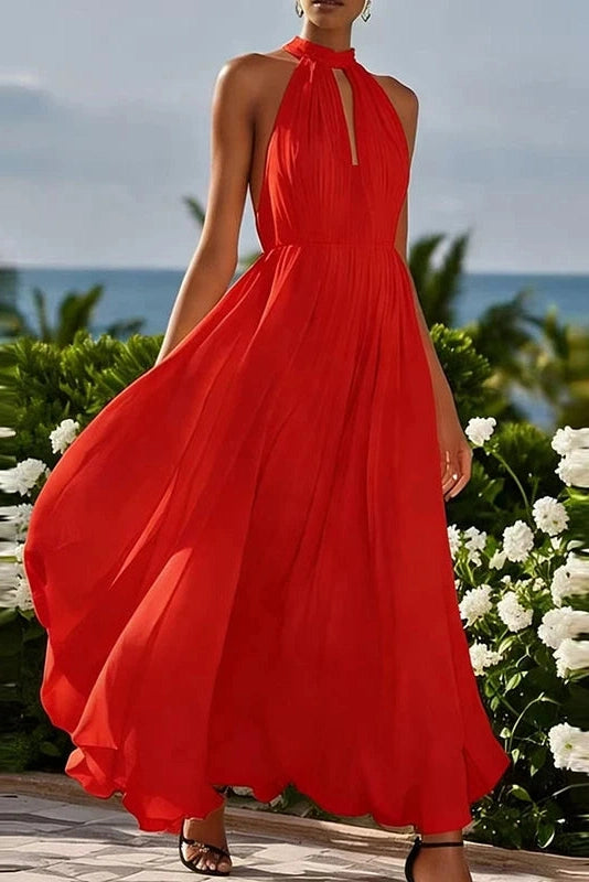 Glorol - Elegant Sleeveless Loose High Waist Pleated Maxi Dress