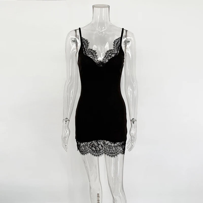 Glorol - Lace Spaghetti Strap Sleeveless Bodycon Mini Dress