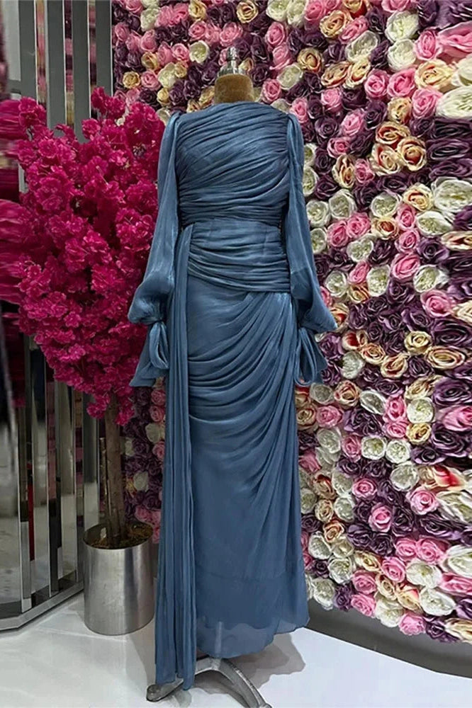 Glorol - Elegant Long Sleeve High Waist Pleated Slim Maxi Dress