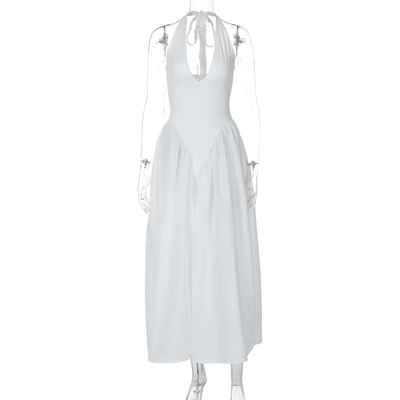 Glorol - Deep V Neck A-Line Pleated Midi Dress