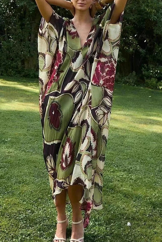 Sleeves Loose Pleated High Waist Printed V-Neck Maxi Dress