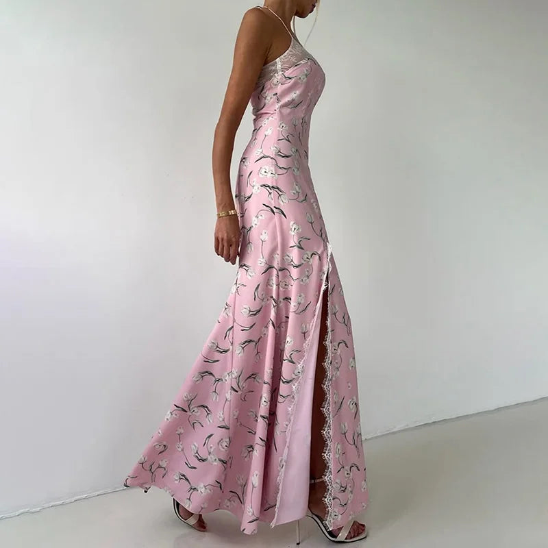 Glorol - Sleeveless Printed Lace Slit Maxi Dress